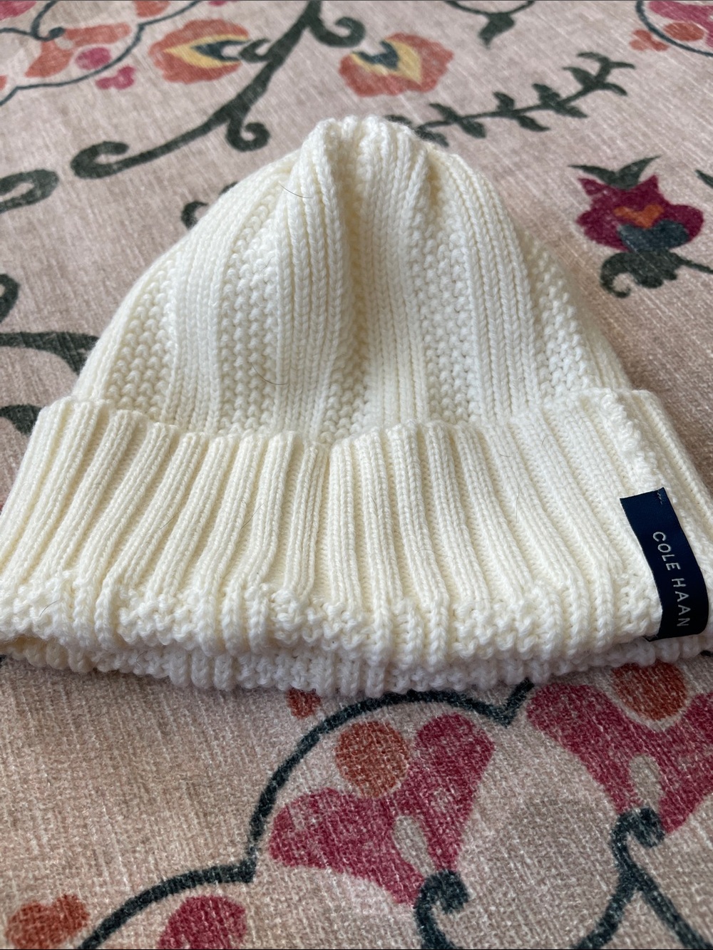 Cole Haan Ivory Ribbed Fold-Over Beanie